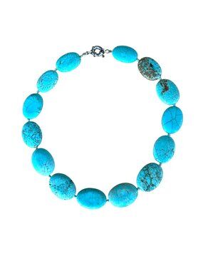 Necklace Turquoise Blue Oval Stone Beaded Chunky Statement Silver Tone 19 inches
